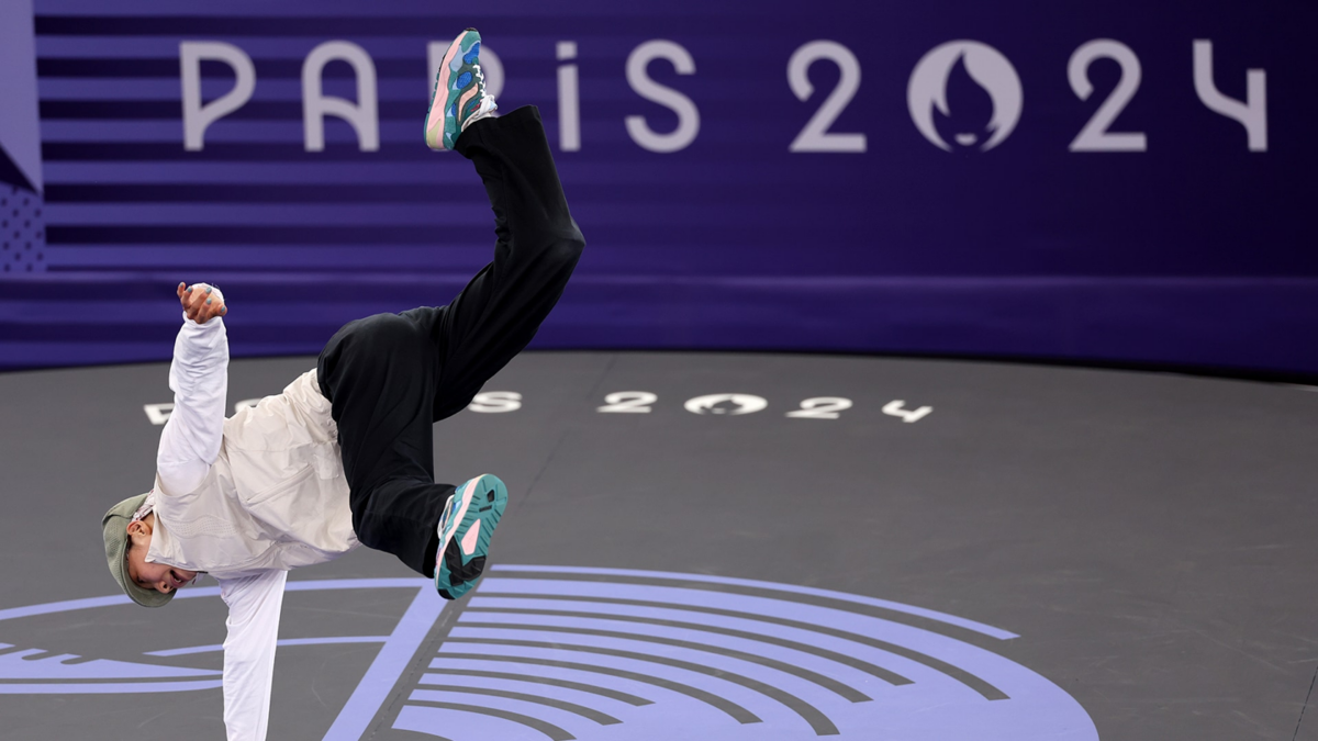 Ami of Japan competes during the B-Girls Round Robin on Day 14 of the Olympic Games  at Place de la Concorde.