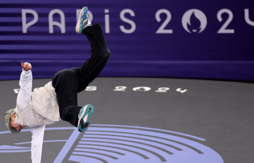 Ami of Japan competes during the B-Girls Round Robin on Day 14 of the Olympic Games  at Place de la Concorde.