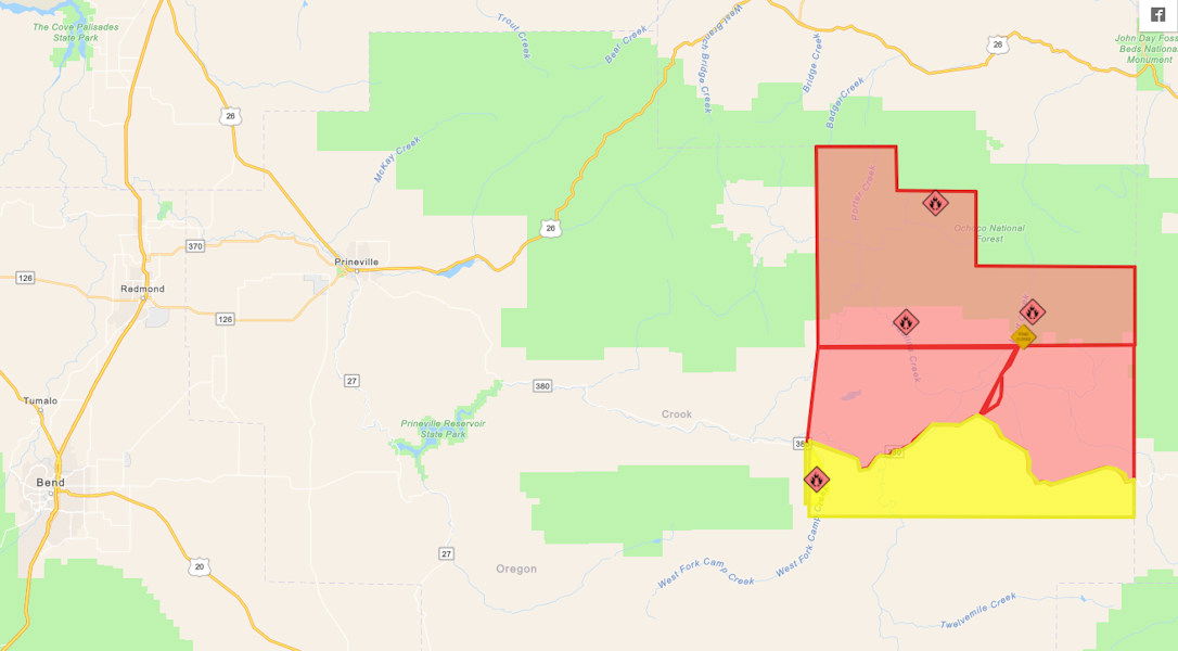 Crook County evacuation map as of Saturday shows in wider view to include Bend, Redmond shows its large size.