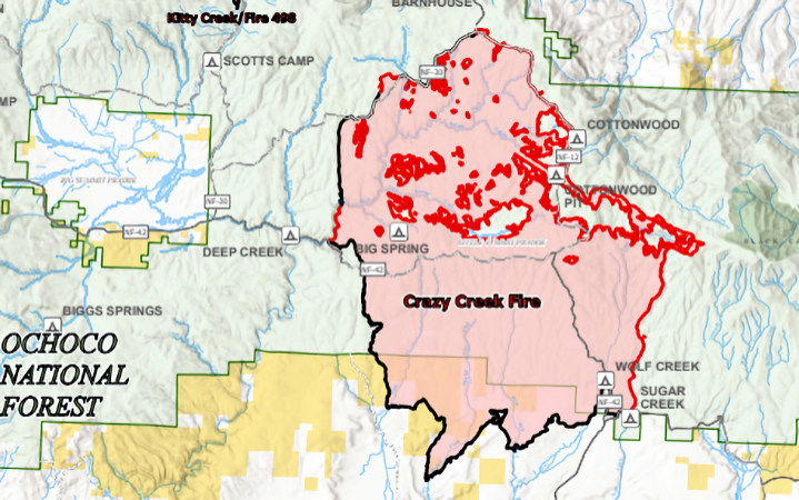 Map of Crazy Creek Fire on Sunday, August 11th.