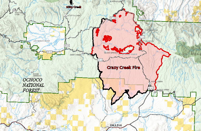 Portion of Tuesday's Crazy Creek Fire map (full map below article)