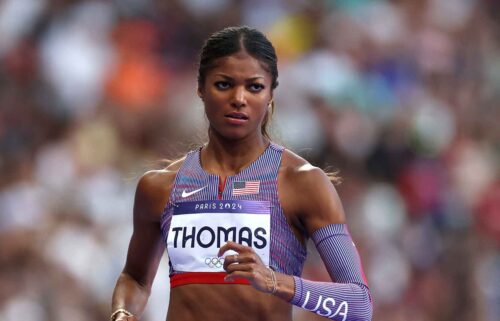 Gabby Thomas of Team USA competes during Women's 200m Semi-Final at Stade de France.