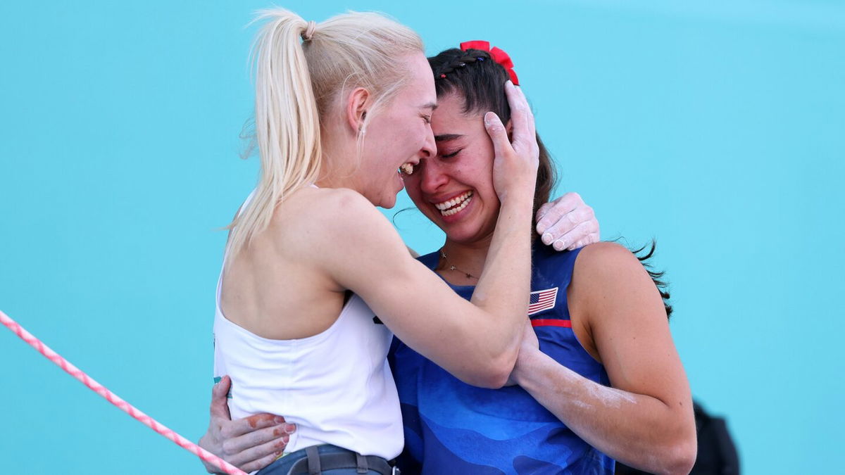 Janja Garnbret celebrates with Brooke Raboutou