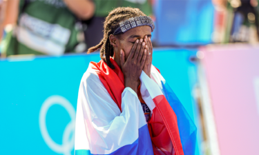 Sifan Hassan of The Netherlands celebrates after winning gold in the women's marathon at the Paris Olympic Games.