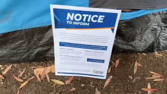 <i>KGTV via CNN Newsource</i><br/>The notice mentions you could be in violation of Port District code if you camp in the park or stay there after 10:30 in the evening. If you violate the code