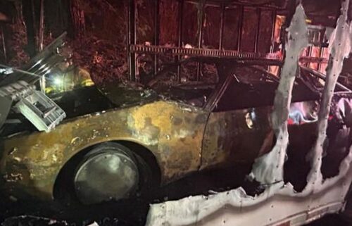 A 1979 Ford Ghia Probe 1 concept car appeared destroyed inside a burned-out trailer on the Munras Avenue offramp from state Highway 1 in Monterey