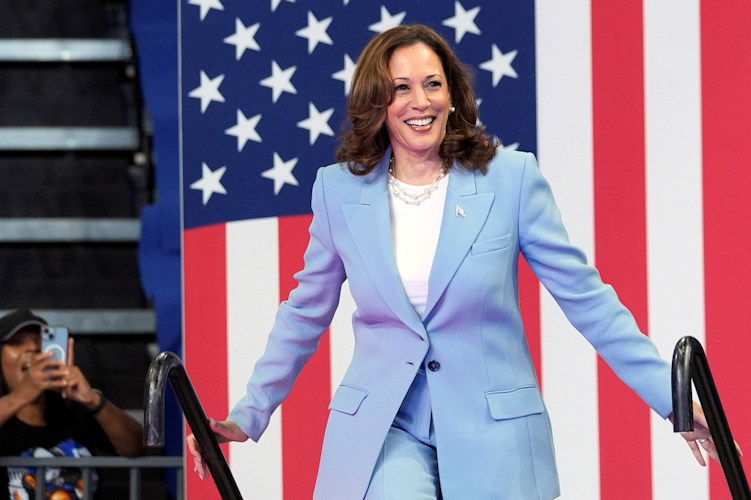 Vice President Kamala Harris arrives to speak during a campaign rally, July 30, 2024, in Atlanta. 