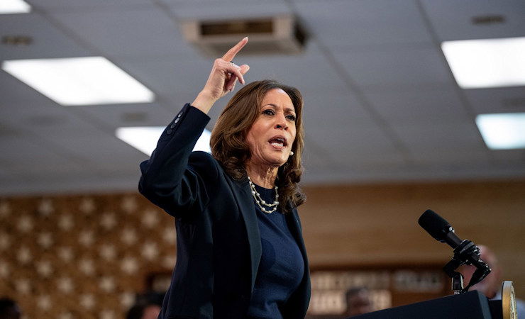 Democratic presidential candidate, Vice President Kamala Harris speaks at a campaign rally at United Auto Workers Local 900 in Wayne, Michigan on August 8.