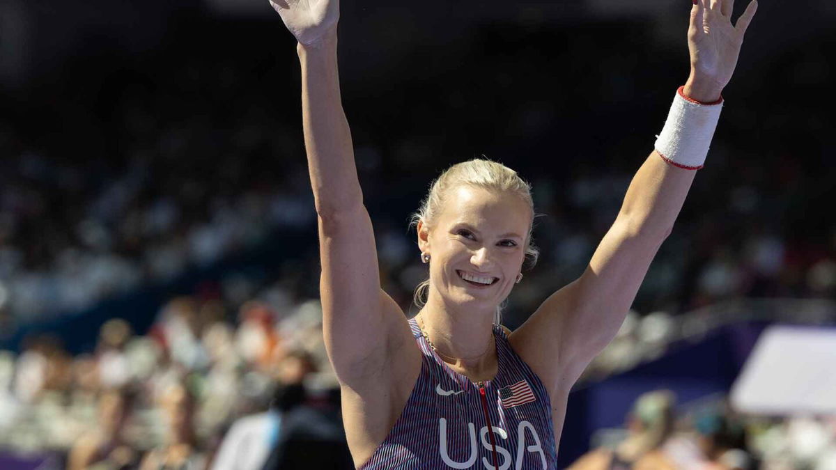 Katie Moon of the United States competes in the qualifying round of the Women's Pole Vault at Stade de France.