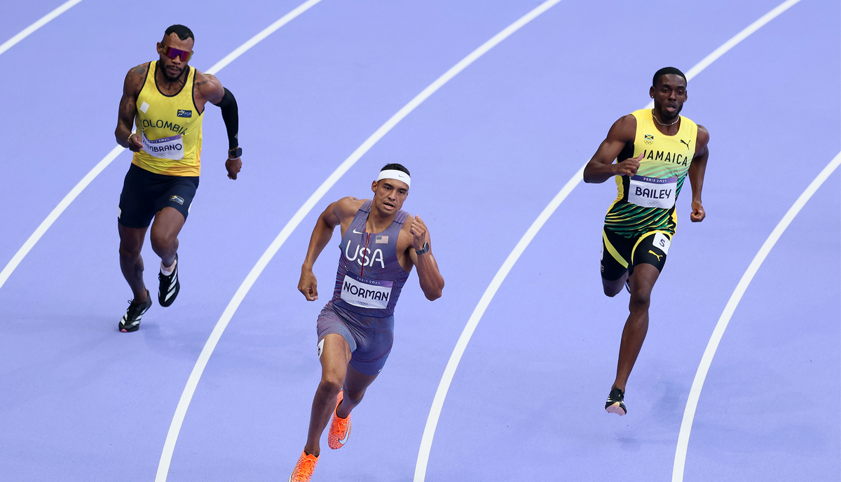 Michael Norman competes during the men's 400m opening round on Day 9 of the Paris Olympic Games at Stade de France.