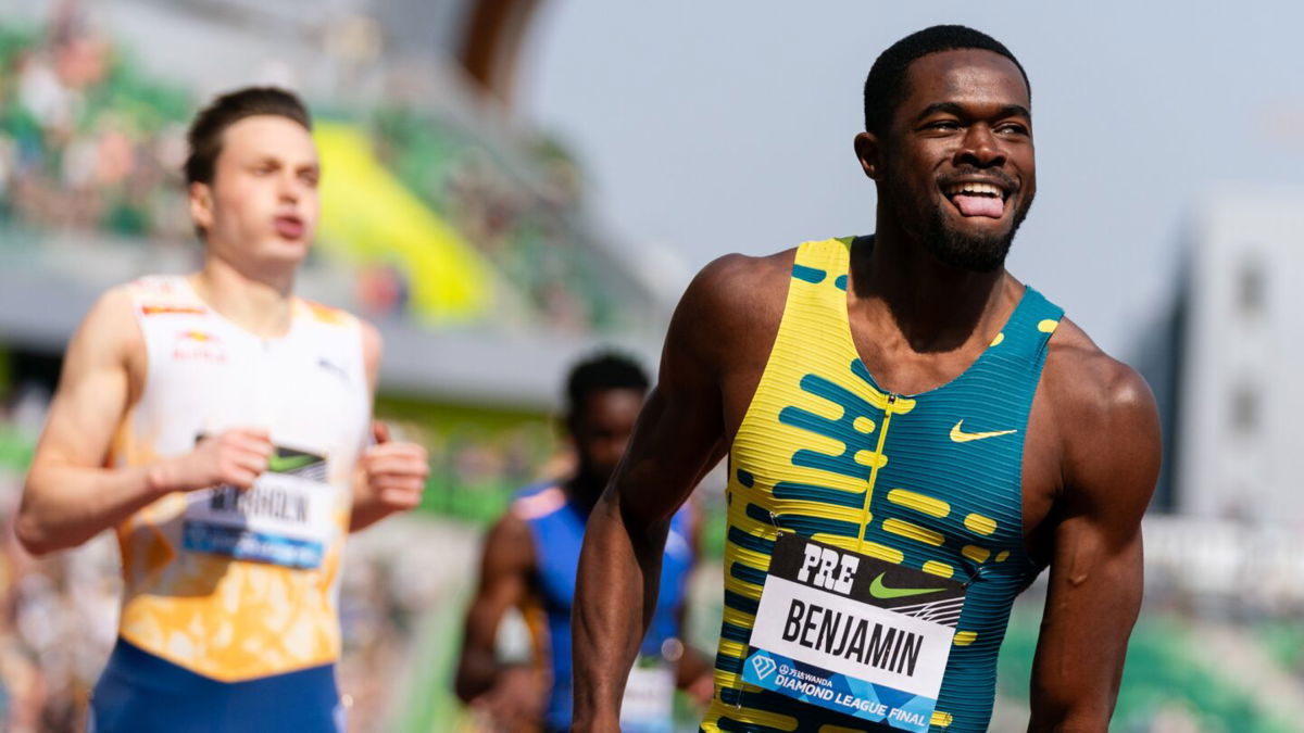 Rai Benjamin of the United States reacts after winning the Men's 400m Hurdles at Hayward Field on September 16