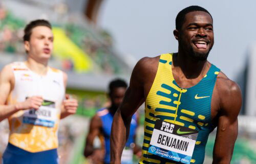 Rai Benjamin of the United States reacts after winning the Men's 400m Hurdles at Hayward Field on September 16