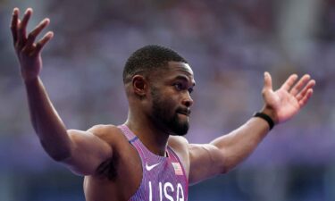 Rai Benjamin reacts after competing in the Men's 400m Hurdles Semi-Final at Stade de France in Paris