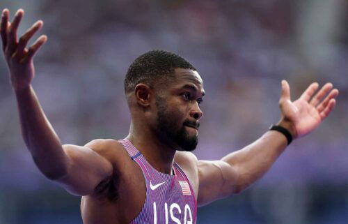 Rai Benjamin reacts after competing in the Men's 400m Hurdles Semi-Final at Stade de France in Paris