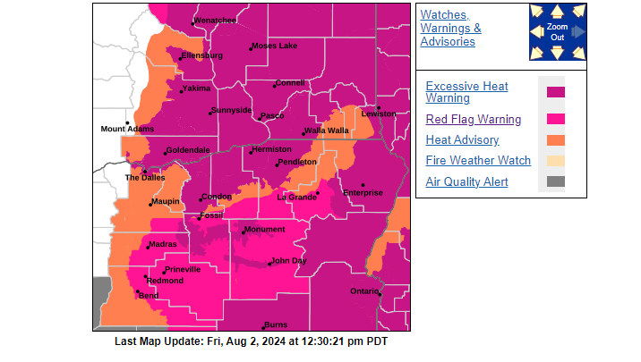 Mix of critical fire weather conditions and heat warnings, along with thunderstorm potential set stage for  possible new wildfires, spread of existing blazes