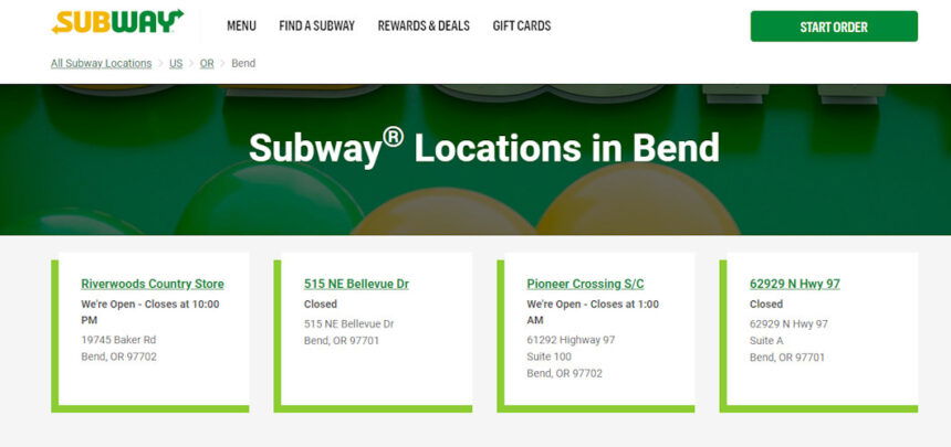 Subway 2 closed Bend website