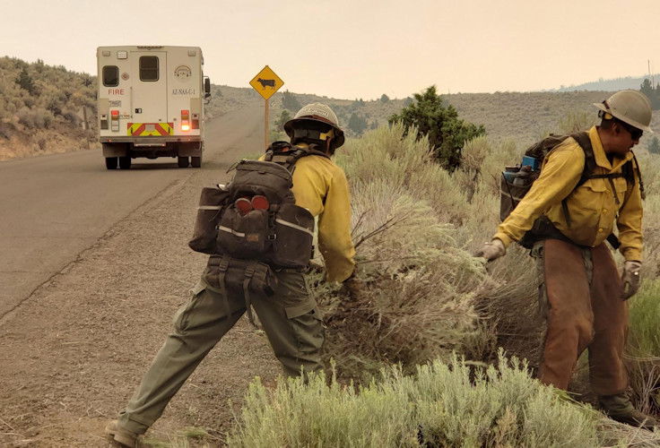 Navajo Interagency Hotshot crews  clearing brush along the edges of Pine Creek Road, part of the effort to contain the Telephone Fire, which has been pushed eastward by winds and record-dry fuels.