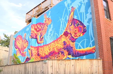 <i>WMAR via CNN Newsource</i><br/>The new mural features three large rabbits running down Madison street