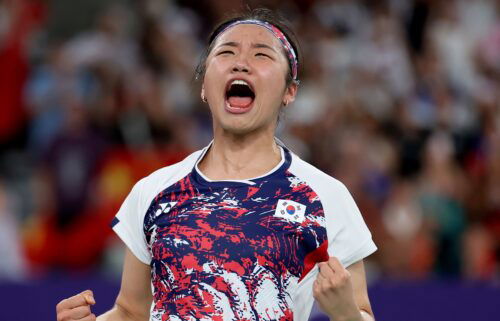 An Se Young of South Korea celebrates winning the gold medal following victory over He Bing Jiao of China in the Women's Singles Gold Medal Match