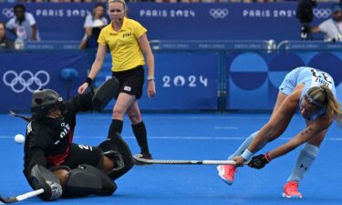 Argentinian forward Zoe Diaz De Armas scores her penalty in the women's bronze medal field hockey match between Argentina and Belgium during the 2024 Paris Olympics at the Yves-du-Manoir Stadium in Colombes on August 9