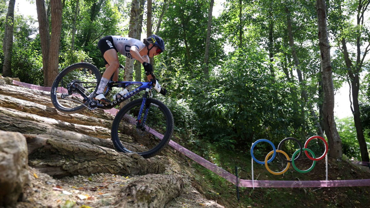 Savilia Blunk of Team United States competes during the women’s cross-country mountain bike gold medal race on day two of the Olympic Games Paris 2024 at Elancourt Hill on July 28