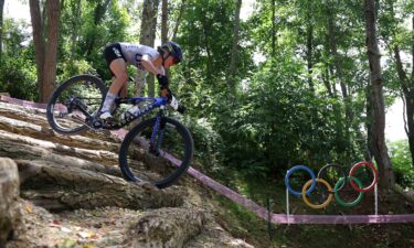 Savilia Blunk of Team United States competes during the women’s cross-country mountain bike gold medal race on day two of the Olympic Games Paris 2024 at Elancourt Hill on July 28