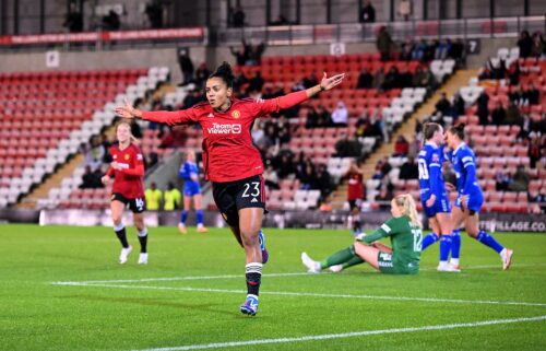 Manchester United forward Geyse celebrates after scoring against Everton on November 9