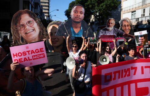 Supporters of hostages who were abducted by Hamas militants during the October 7 attacks protest on August 15 in Tel Aviv