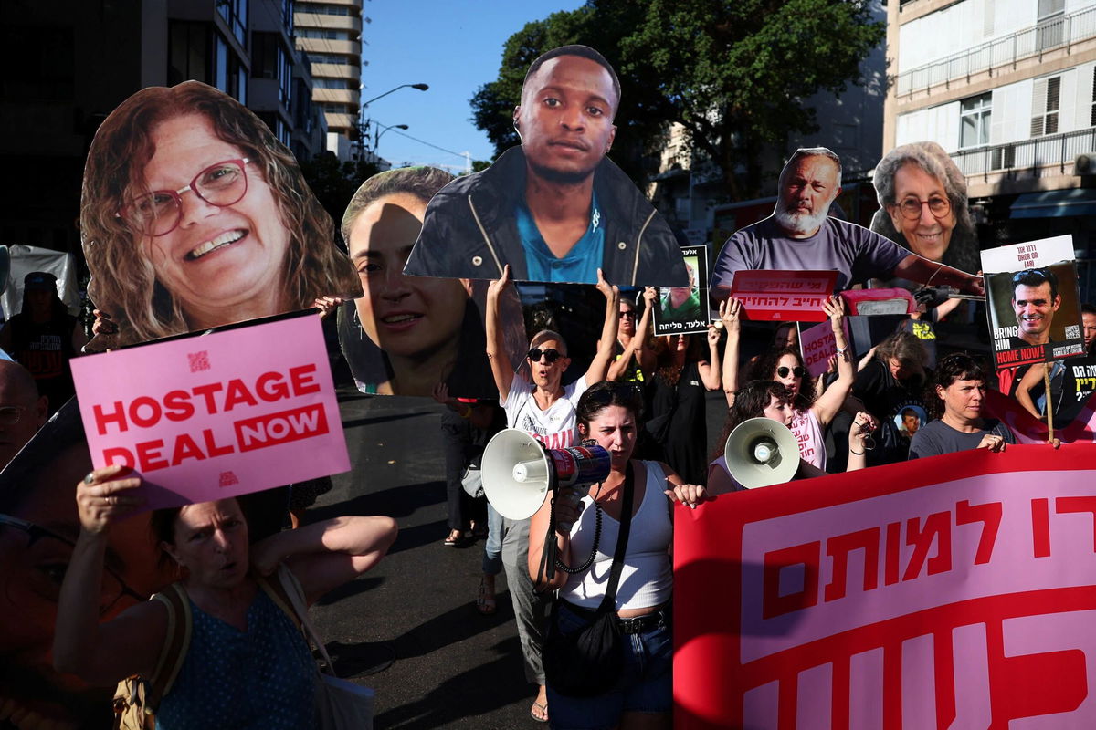 <i>Florion Goga/Reuters via CNN Newsource</i><br/>Supporters of hostages who were abducted by Hamas militants during the October 7 attacks protest on August 15 in Tel Aviv