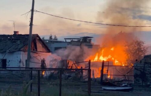 A building on fire in the town of Sudzha following an incursion of Ukrainian troops into the Kursk region.