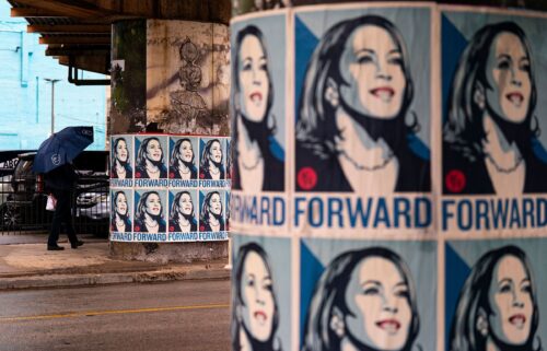 Posters of Vice President Kamala Harris in the Loop neighborhood of Chicago ahead of the Democratic National Convention.