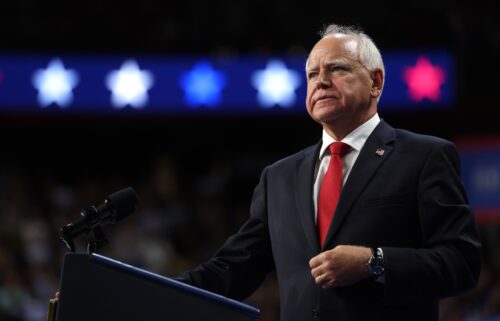 Minnesota Gov. Tim Walz speaks during a campaign rally at the University of Las Vegas Thomas & Mack Center on August 10 in Las Vegas