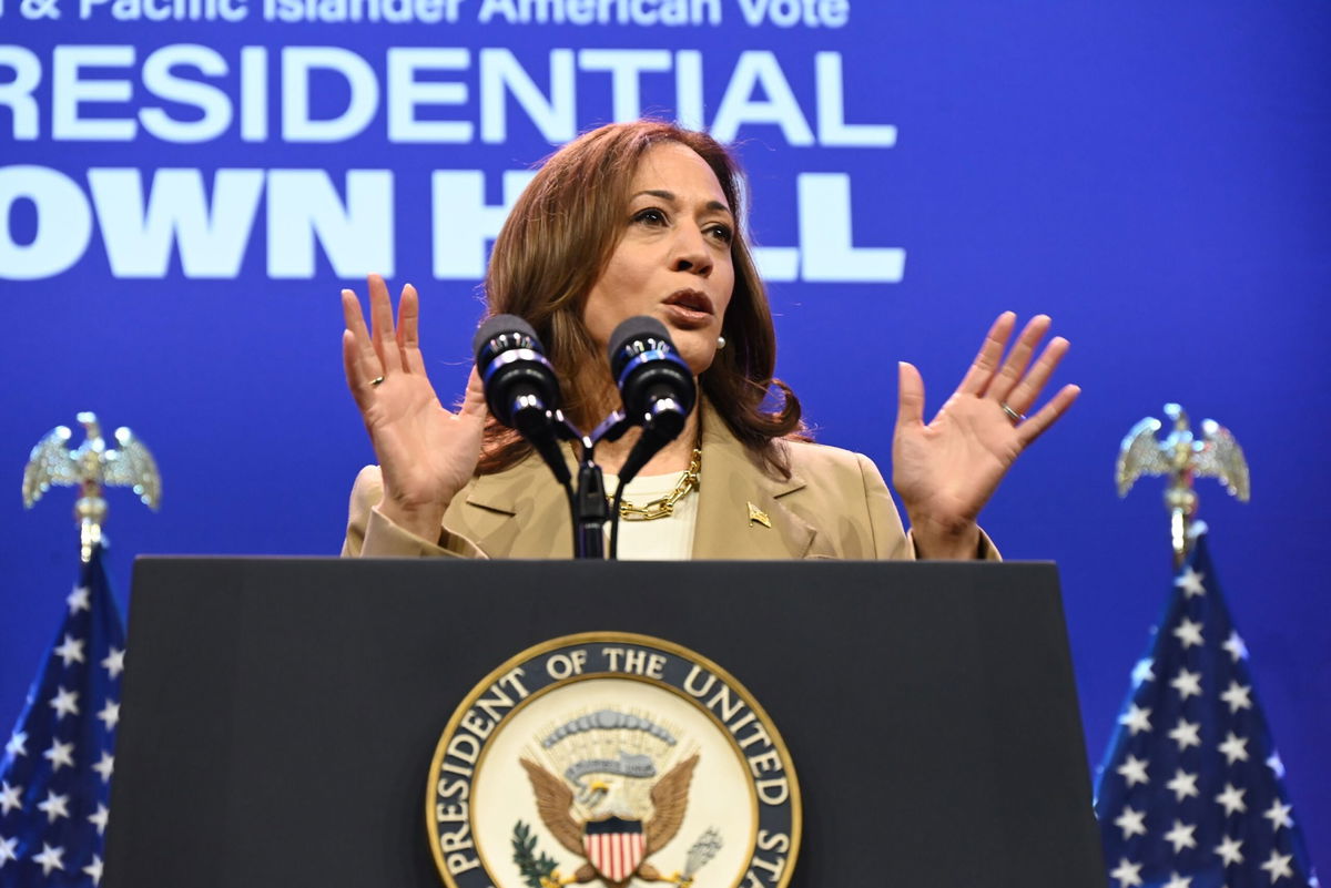 <i>Kyle Mazza/Anadolu/Getty Images via CNN Newsource</i><br/>Vice President of the United States Kamala Harris delivers remarks during a campaign event at the Asian and Pacific Islander American Vote Presidential Town Hall in Philadelphia