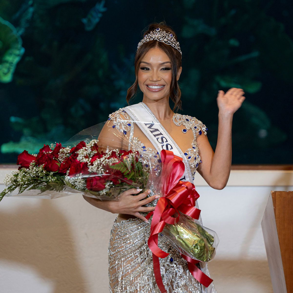 <i>Erik Kabik/MediaPunch/AP via CNN Newsource</i><br/>Miss Hawaii 2023 Savannah Gankiewicz at her Miss USA coronation in Honolulu. She filled the role after Voigt resigned.