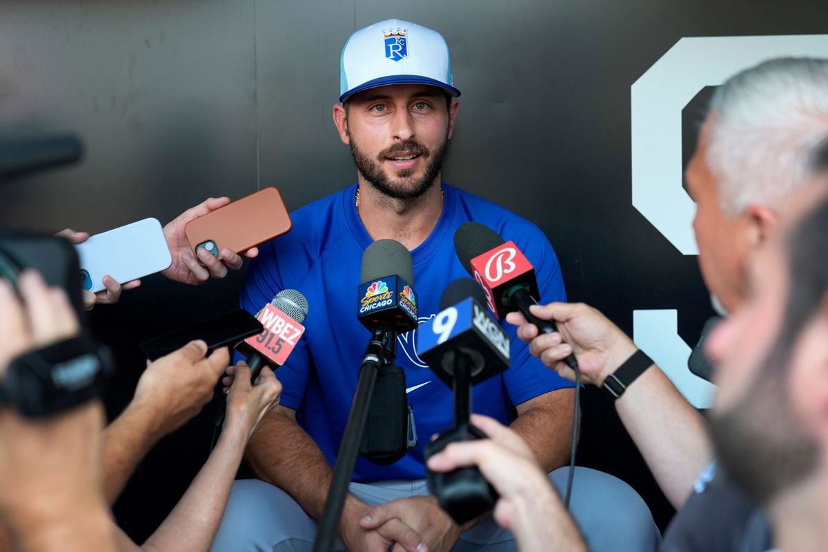 <i>Charles Rex Arbogast/AP via CNN Newsource</i><br/>The Kansas City Royals' Paul DeJong talks to reporters shortly after being traded to the team from the Chicago White Sox.