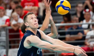 David Smith seen in action during the Volleyball International Friendly Tournament match between the US and Poland ahead of the 2024 Paris Olympic Games.