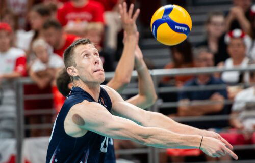 David Smith seen in action during the Volleyball International Friendly Tournament match between the US and Poland ahead of the 2024 Paris Olympic Games.