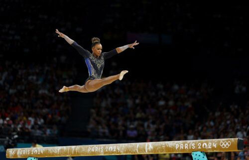 Rebeca Andrade of Brazil is pictured in action on the Balance Beam.