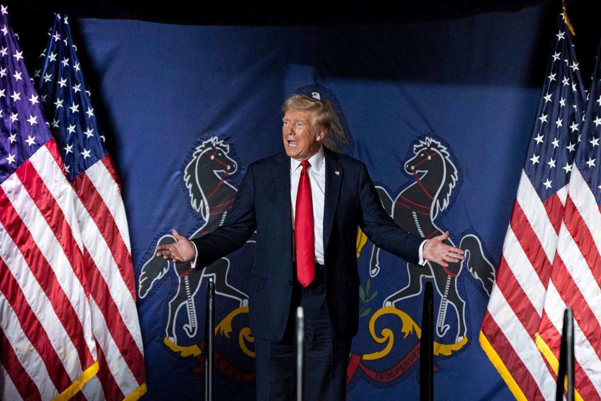 <i>JOE LAMBERTI/AFP/AFP via Getty Images via CNN Newsource</i><br/>Former President Donald Trump arrives to speak at a campaign rally in Harrisburg