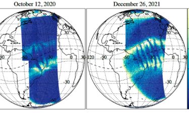 GOLD observations captured C-shaped and reverse C-shaped plasma bubbles close together in the ionosphere on October 12