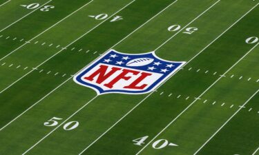 A detail view of the NFL shield logo painted on the field before the NFL Super Bowl LVIII football game between the Kansas City Chiefs and San Francisco 49ers at Allegiant Stadium on February 11