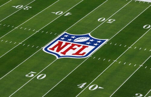 A detail view of the NFL shield logo painted on the field before the NFL Super Bowl LVIII football game between the Kansas City Chiefs and San Francisco 49ers at Allegiant Stadium on February 11