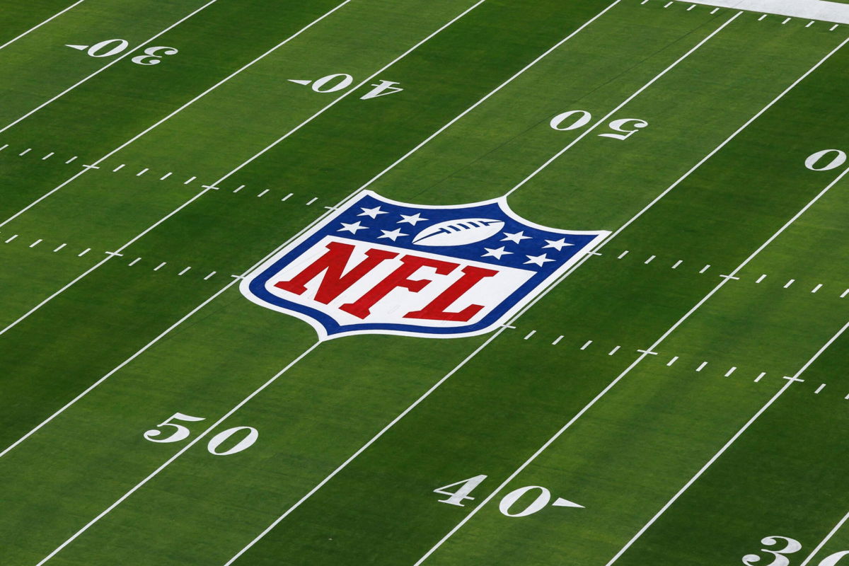<i>Ryan Kang/Getty Images via CNN Newsource</i><br/>A detail view of the NFL shield logo painted on the field before the NFL Super Bowl LVIII football game between the Kansas City Chiefs and San Francisco 49ers at Allegiant Stadium on February 11