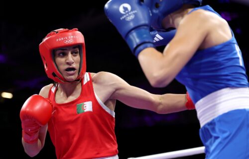 Algeria's Imane Khelif punches Italy's Angela Carini during the Women's 66kg preliminary round match of the Paris Olympics on August 2.