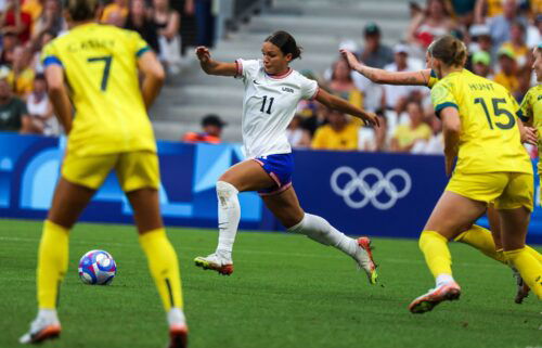 US forward Sophia Smith runs after the ball during the women's group B football match between Australia and the USA of the Paris 2024 Olympic Games at the Marseille Stadium in Marseille on July 31