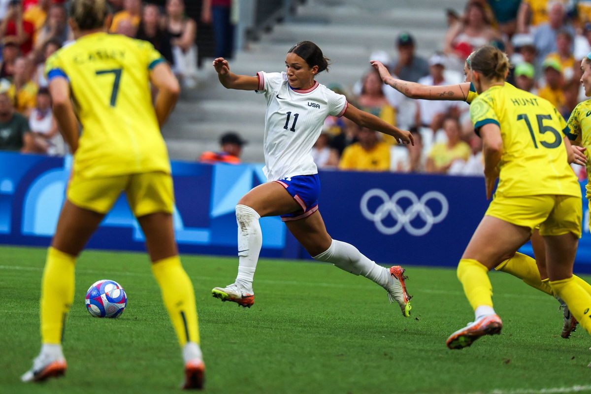 <i>Pascal Guyot/AFP/Getty Images via CNN Newsource</i><br/>US forward Sophia Smith runs after the ball during the women's group B football match between Australia and the USA of the Paris 2024 Olympic Games at the Marseille Stadium in Marseille on July 31