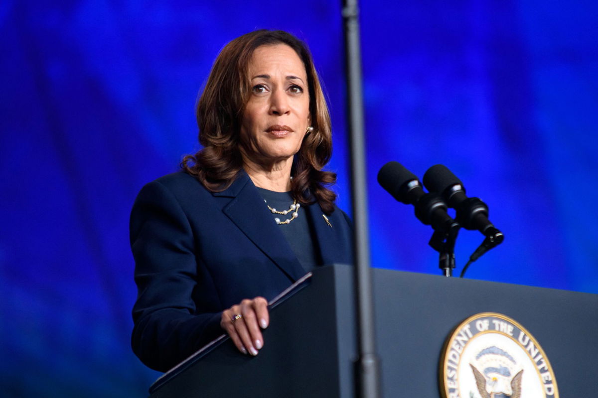 <i>Mark Felix/AFP/Getty Images via CNN Newsource</i><br/>Vice President Kamala Harris speaks at a gathering of the Sigma Gamma Rho sorority in Houston on July 31.