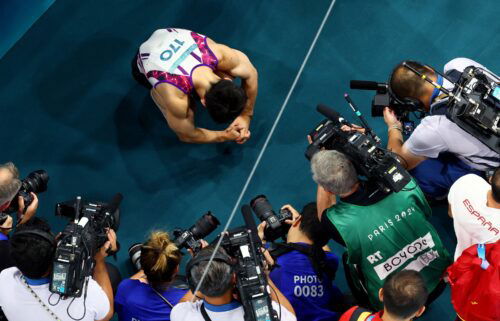 Carlos Edriel Yulo of Philippines reacts after winning gold.