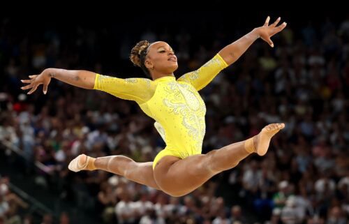 Rebeca Andrade of Team Brazil competes in the floor exercise during the Artistic Gymnastics Women's All-Around Final on day six of the Olympic Games Paris 2024 at Bercy Arena on August 01