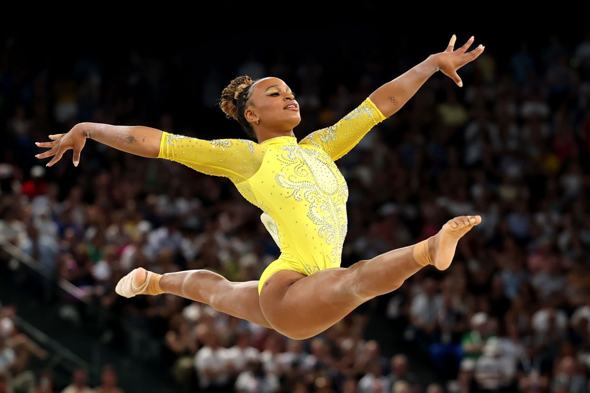 <i>Jamie Squire/Getty Images via CNN Newsource</i><br/>Rebeca Andrade of Team Brazil competes in the floor exercise during the Artistic Gymnastics Women's All-Around Final on day six of the Olympic Games Paris 2024 at Bercy Arena on August 01